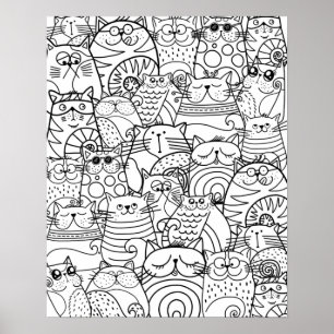 Funny Cute Cats Zen Doodle Relaxing Adult Coloring Poster