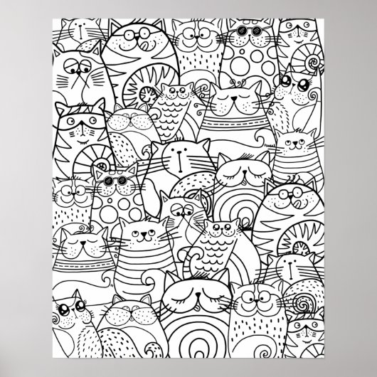Funny Cute Cats Zen Doodle Relaxing Adult Coloring Poster (Voorkant)