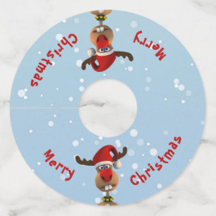 Funny Cute Clumsy Reindekerst Santa Hat Wijnglaslabel
