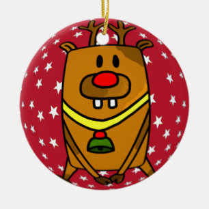 Funny Cute Deer Red Nose Stars Kerstmis Keramisch Ornament