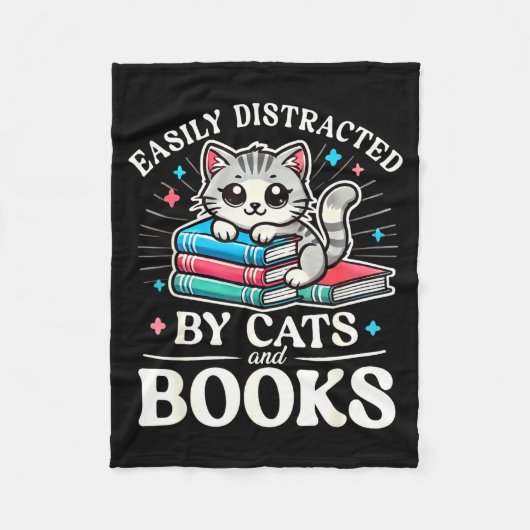 Funny Cute Easily Distracted By Cats And Books  Fleece Deken (Voorkant)