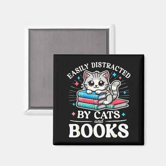 Funny Cute Easily Distracted By Cats And Books Magneet (Voorkant / Achterkant)