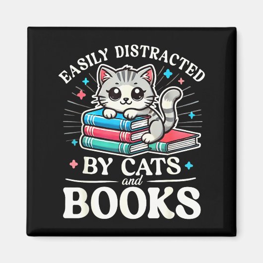 Funny Cute Easily Distracted By Cats And Books Magneet (Voorkant)
