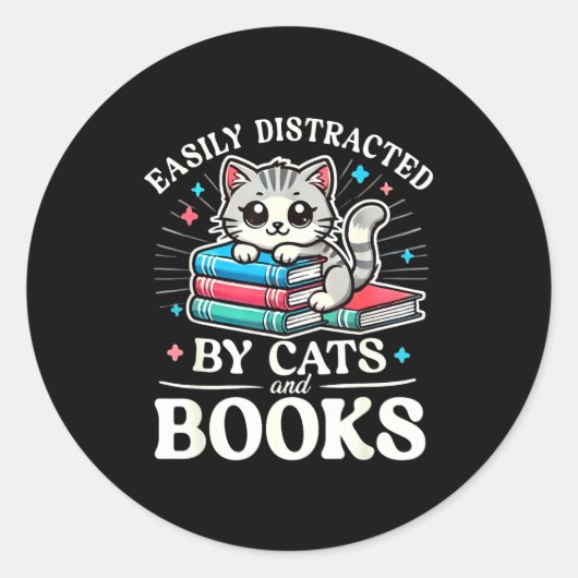 Funny Cute Easily Distracted By Cats And Books Ronde Sticker (Voorkant)