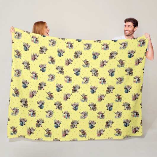 Funny Cute Floral Koeien met Petten Pattern Yellow Fleece Deken (In situ)
