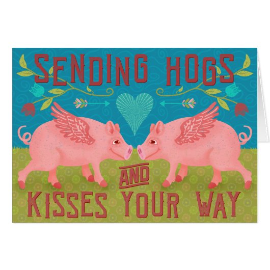 Funny Cute Hogs Kisses Pig Pun Sending Love Card (Voorkant Horizontaal)