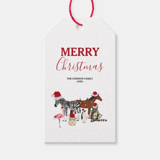 Funny Cute Kerstdieren Santa Hats Lights Cadeaulabel (Voorkant)