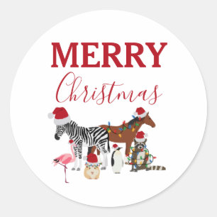 Funny Cute Kerstdieren Santa Hats Lights Ronde Sticker
