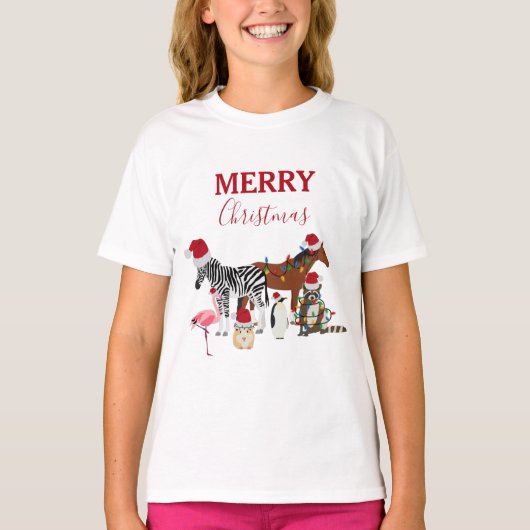 Funny Cute Kerstdieren Santa Hats Lights T-shirt (Voorkant)