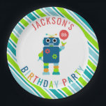 Funny Cute Kinder Colorful Robot Birthday Party Papieren Bordje<br><div class="desc">Funny Cute Kinder Colorful Robot Birthday Paper Borden. Borden voor een robot met de naam verjaardagsfeest. Een blauwe robot met een gestreepte achtergrond. Voeg de naam en leeftijd van je kind toe en coördineer met andere benodigdheden voor robotpartijen. www.SamAnnDesigns.com</div>