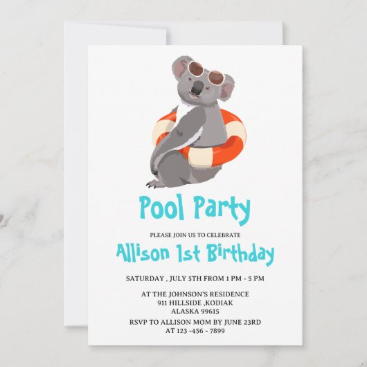 Funny & Cute Koala Swimming Birthday Party Kaart (Voorkant)