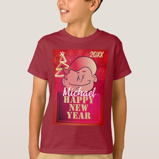 Funny Cute Little Cartoon Boy Happy Nieuwjaar T-shirt (Voorkant)