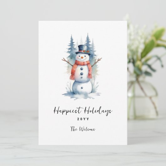 Funny Cute MInimalist Snowman Frosted Forest  Feestdagenkaart (Staand voorkant)