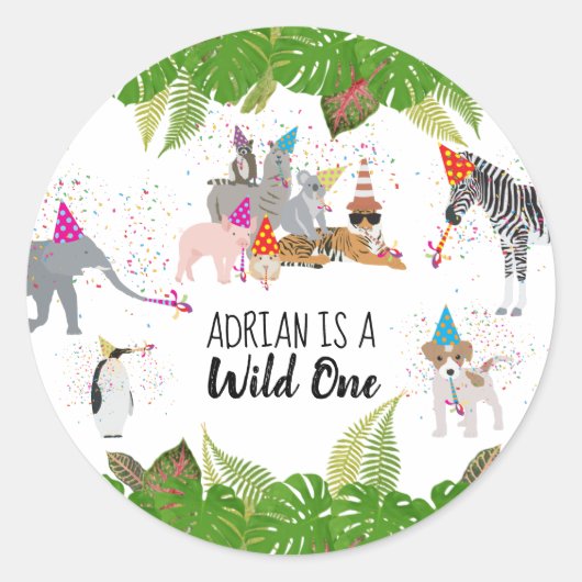 Funny & Cute Oerwoud Animals bij Party Wild One Ronde Sticker (Voorkant)