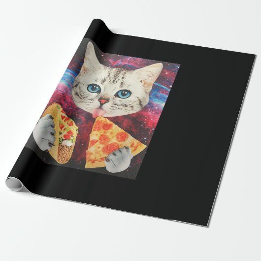 Funny Cute Outer Space Galaxy Cat Meme Pizza Taco Cadeaupapier (Uitgerold)