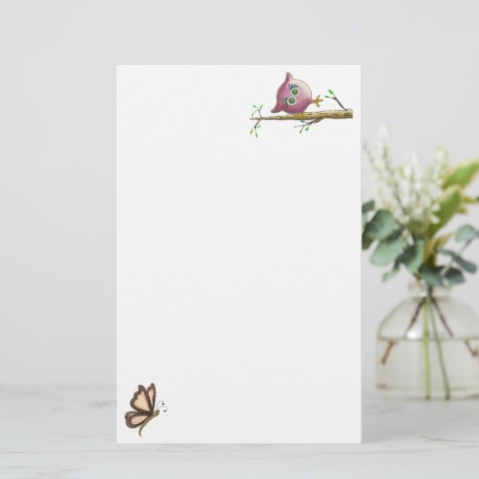 Funny Cute Owl & Butterfly Afbeelding Briefpapier (Staand voorkant)
