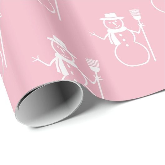 Funny Cute Pink and White Snowman Pattern Cadeaupapier (Rol Hoek)