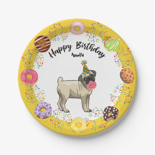 Funny Cute Pug Dog Donuts Birthday Party Papieren Bordje (Voorkant)