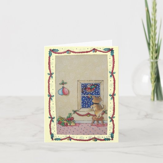 Funny cute puppy and father Christmas sleigh Feestdagen Kaart (Voorkant)