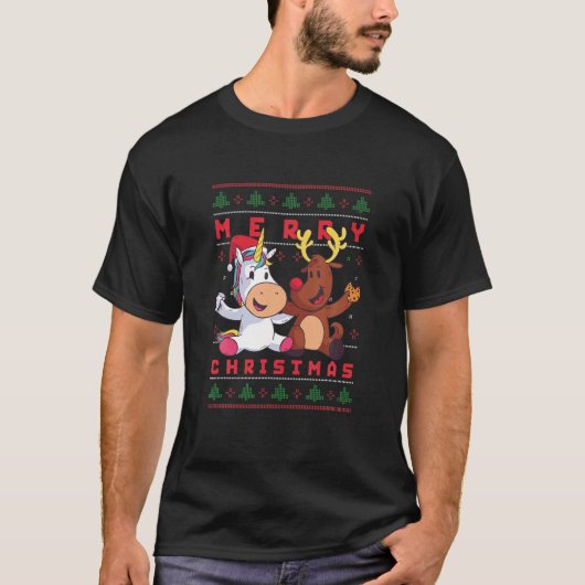 Funny Cute Reindeer en Unicorn Best Friends Merry T-shirt (Voorkant)