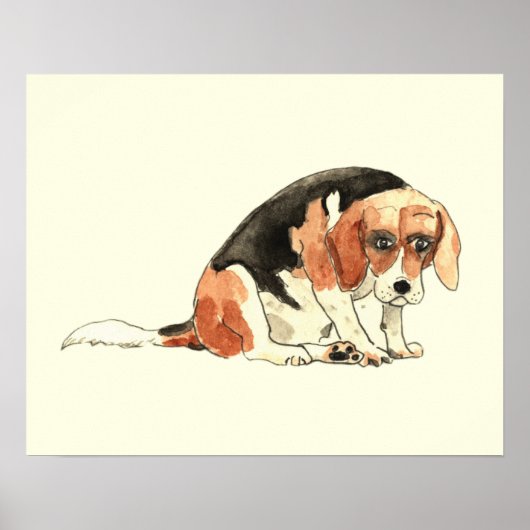 Funny Cute Sad Beagle Dog Waterverf Painting Poster (Voorkant)