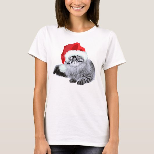 Funny Cute Santa Cat in Glasses Kerstmis T-shirt (Voorkant)