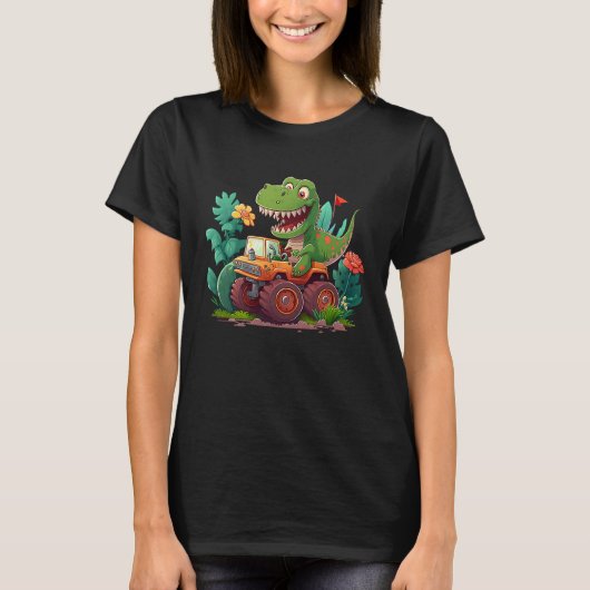 Funny & Cute T Rex Dinosaur Riding Tractor Trailer T-shirt (Voorkant)