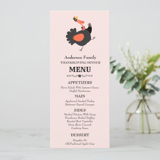 Funny Cute Turkey Thanksgiving Dinner Menu (Staand voorkant)