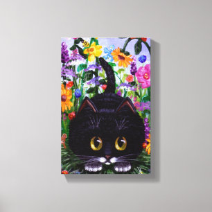 Funny Cute Tuxedo Cat Mouse Flowers Creationarts Canvas Afdruk