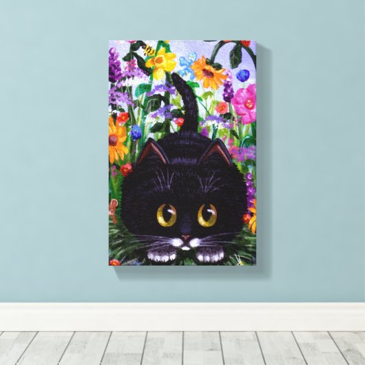 Funny Cute Tuxedo Cat Mouse Flowers Creationarts Canvas Afdruk (Insitu (Houten vloer))