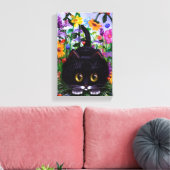 Funny Cute Tuxedo Cat Mouse Flowers Creationarts Canvas Afdruk (Insitu (Woonkamer))