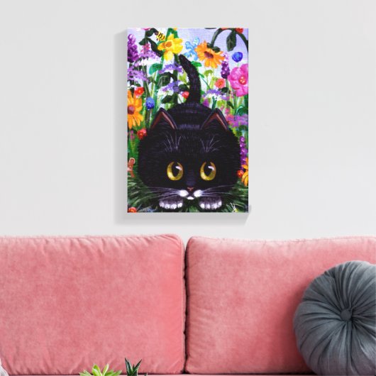 Funny Cute Tuxedo Cat Mouse Flowers Creationarts Canvas Afdruk (Insitu (Woonkamer))
