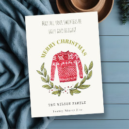 Funny Cute Ugly Sweater Leafy Red Kerstmis Feestdagenkaart