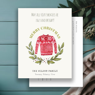 Funny Cute Ugly Sweater Leafy Red Kerstmis Feestdagenkaart