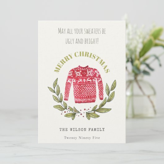 Funny Cute Ugly Sweater Leafy Red Kerstmis Feestdagenkaart (Staand voorkant)