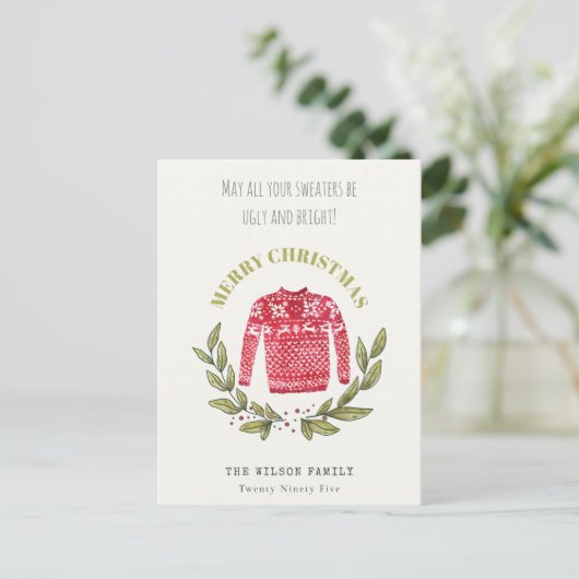 Funny Cute Ugly Sweater Leafy Red Kerstmis Feestdagenkaart (Staand voorkant)