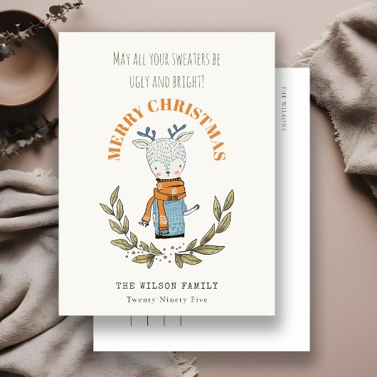 Funny Cute Ugly Sweater Leafy Reindekerst Feestdagenkaart