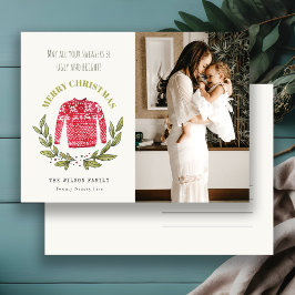 Funny Cute Ugly Sweater Red Green Foto Kerstmis Feestdagenkaart