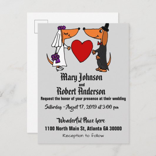 Funny Dachshund Bride en Groom Wedding Invitation Uitnodiging Briefkaart (Voorkant / Achterkant)