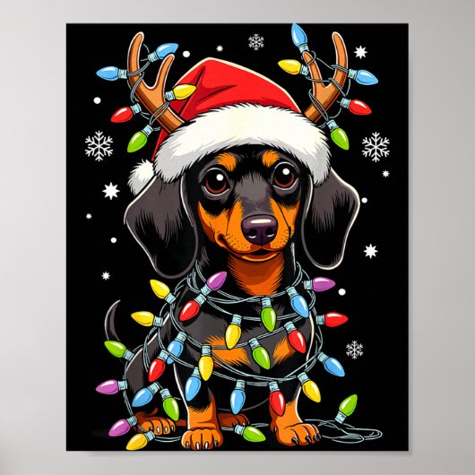 Funny Dachshund Christmas Lights Santa Hat Xmas  Poster (Voorkant)
