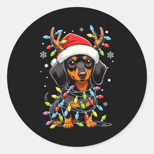 Funny Dachshund Christmas Lights Santa Hat Xmas  Ronde Sticker (Voorkant)