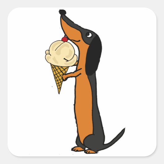 Funny Dachshund Dog Eating Ice Cream Vierkante Sticker (Voorkant)
