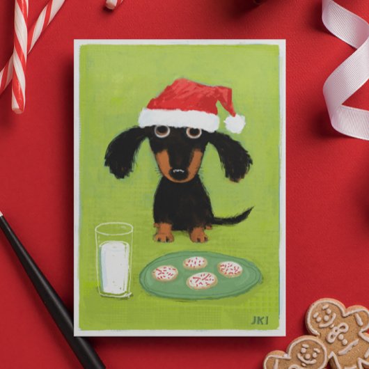 Funny Dachshund Dog Santa with Milk and Cookies Feestdagen Kaart