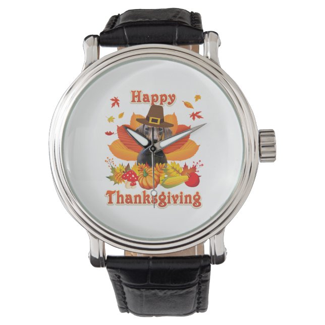 Funny Dachshund Dog Thanksgiving Herfst herfst Horloge (Voorkant)