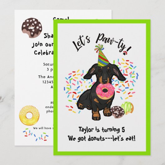 Funny Dachshund Donut Birthday Party Invitation Kaart (Voorkant / Achterkant)