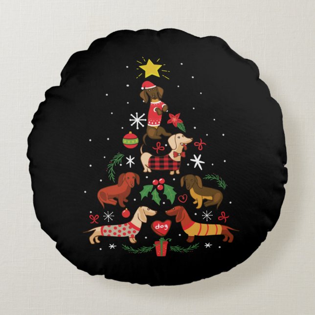 Funny Dachshund-kerstboom Rond Kussen (Voorkant)