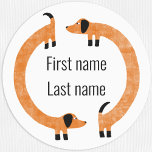 Funny Dachshund Sause Dog Name Labels<br><div class="desc">Cute en grappige dachshund,  worsthonden of wiener-honden in eeuwige beweging. Aanpassen door de naam te wijzigen of te verwijderen.</div>