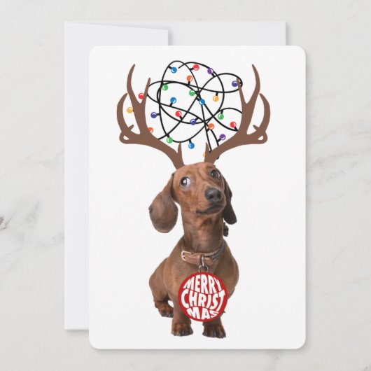 Funny Dachshund Wiener Dog Antlers Merry Kerstry Feestdagenkaart (Voorkant)
