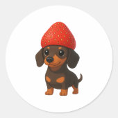 Funny dachshund with strawberries and hat fruity ronde sticker (Voorkant)