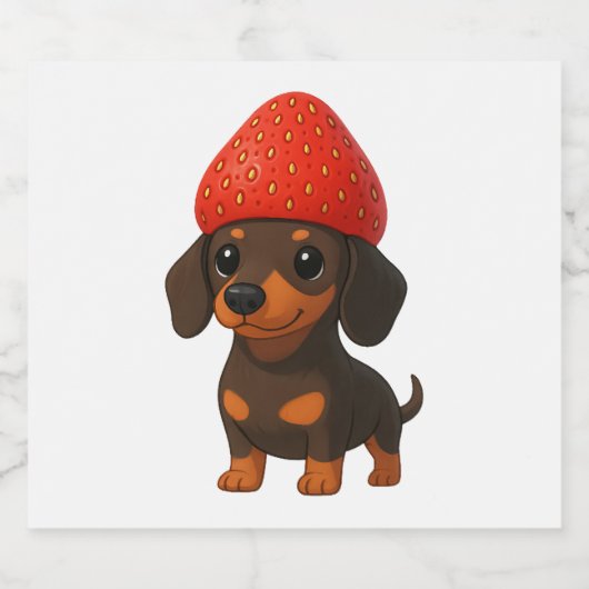 Funny dachshund with strawberries and hat fruity sparkling wijnetiket (Enkel label)